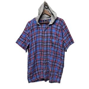 VTG Shah Safari Hooded Short Sleeve Shirt Mens Sz L Plaid Skater Grunge Streetwe